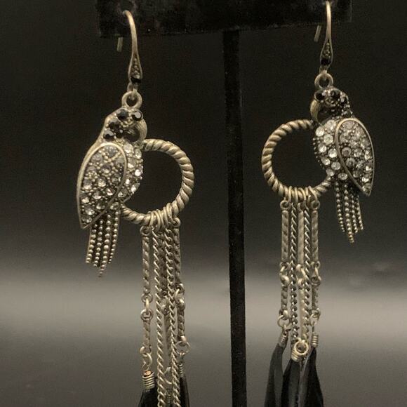 Parrot Black Feather Chandelier Dangle Statement Earrings Rhinestone Chain Link - Picture 5 of 11
